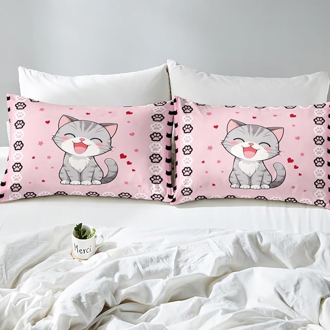 Lovely Cat Fitted Bottom Sheet Full Size,Pink Black Cat Paw Footprint Sheet Set Soft Polyester Bedding,Cute Animals Pink Print Bed Cover(1 Fitted Sheet+2 Pillow Cases)