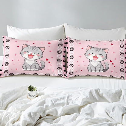 Lovely Cat Fitted Bottom Sheet Queen Size,Pink Black Cat Paw Footprint Sheet Set Soft Polyester Bedding,Cute Animals Pink Print Bed Cover(1 Fitted Sheet+2 Pillow Cases)
