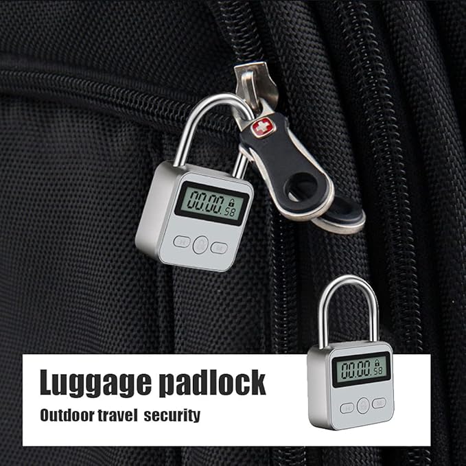 Metal Timer Lock, LCD Display Multi-Function Electronic Timer Lock, 99 Hours Max Timing, USB Rechargeable Timer Padlock (Silver)