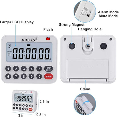 XREXS Digital Kitchen Timer Magnetic Countdown Up Cooking Loud Alarm and Mute Optional, Magnet and Stand, Large Display Classroom Timer for Teachers (2 Batteries Included) Upgraded Version