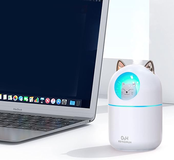 Small Humidifier Cute Portable Cool Mist Humidifier 300ML 7 Color Night Light USB Air Humidifier for Bedroom Office Desk Car Plants Travel (White)