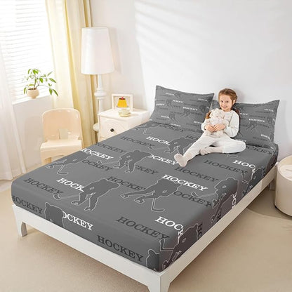 Manfei Hockey Players Bed Sheets Queen Size, Bedding Set, Ball Activity Game Boys Girls Room Decor,Gray Sheet(Fitted+Flat+2 Pillowcases)
