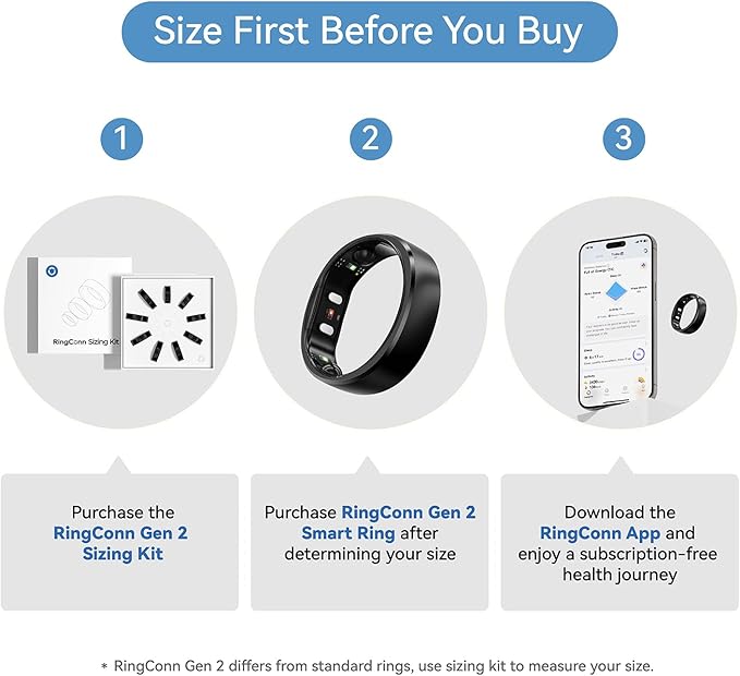 RingConn Gen 2, World’s First Smart Ring with Sleep Apnea Monitoring, No APP Subscription, 12-Day Battery Life, Stress/Heart Rate/Women's Health Tracker, Android & iOS Compatible (Black, Size 13)