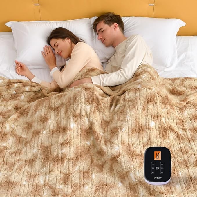 WOOMER Electric Blanket Twin Size 62" x 84", Heated Blanket with 0.5-12 Hours Timer & 10 Heating Levels, ETL Certified, Beige Double-Sided Faux Fur, Over-Heat Protect, Machine Washable