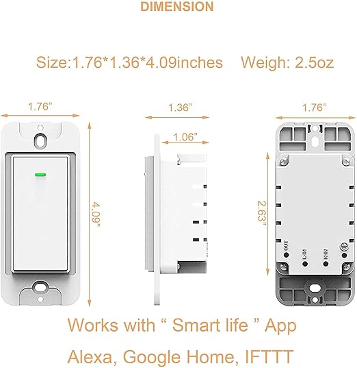 Smart Light Switch Works with Alexa and Google Assistant, WiFi Controlled Schedule and Remote Access, Neutral Wire Required (1 Gang Smart Switch)