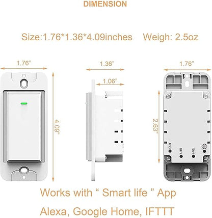 Smart Light Switch Works with Alexa and Google Assistant, WiFi Controlled Schedule and Remote Access, Neutral Wire Required (1 Gang Smart Switch)