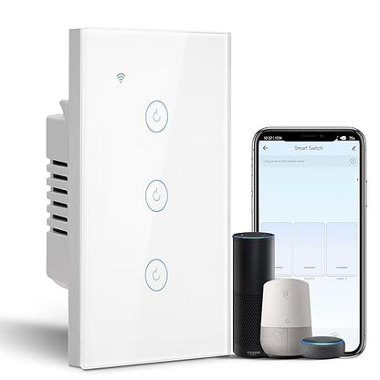BSEED Smart Light Switch, 3 Gang WiFi Alexa Light Switch with Remote APP Control and Timing Function, Single Pole White Light Switches Work with Alexa, Google Assistant, Voice Control, Group Control