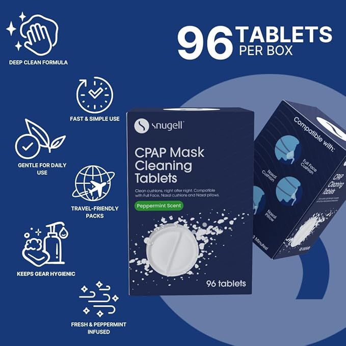Snugell CPAP Mask Cleaning Tablets – 96 Effervescent Tablets for Full Face Masks, Nasal Cushions & Pillows – Deep Cleans & Deodorizes, Ensuring Effective Nightly Cleaning for Optimal CPAP Hygiene