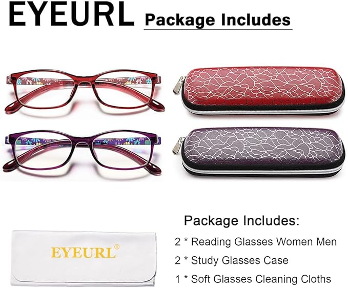 EYEURL Blue Light Blocking Readers for Women - 2 Pack Ladies Computer Reading Glasses +2.5 Fashion Rectangular Frames Prescription Magnification