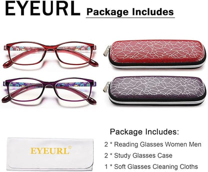 EYEURL Blue Light Blocking Readers for Women - 2 Pack Ladies Computer Reading Glasses +2.5 Fashion Rectangular Frames Prescription Magnification