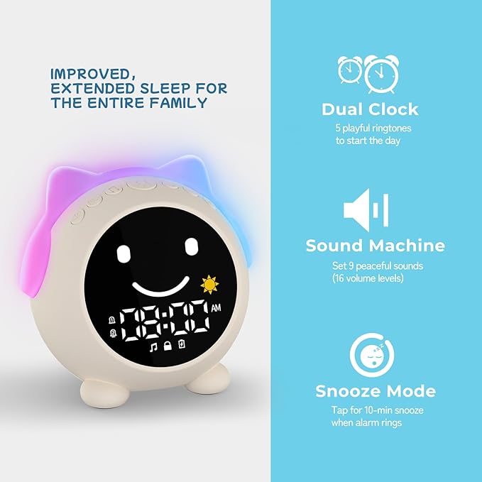 Kids Alarm Clock with Sleep Training, LED Night Light, Bluetooth Music, Multi-Color Display, Sound Machine, OK to Wake Light for Toddlers and Children