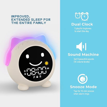 Kids Alarm Clock with Sleep Training, LED Night Light, Bluetooth Music, Multi-Color Display, Sound Machine, OK to Wake Light for Toddlers and Children