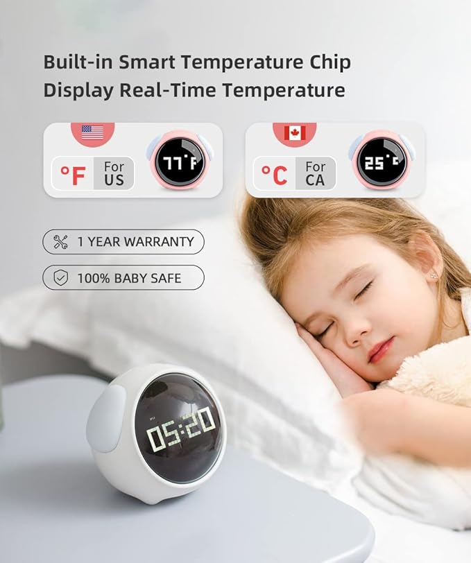 Kids Alarm Clock, Dual Alarm Setting, Adjustable Brightness Night Light, Voice-Activated,Temperature Detection, Wake-up Alarm Clock, Toy and Gift for Toddler, Children, Students, Boys&Girls
