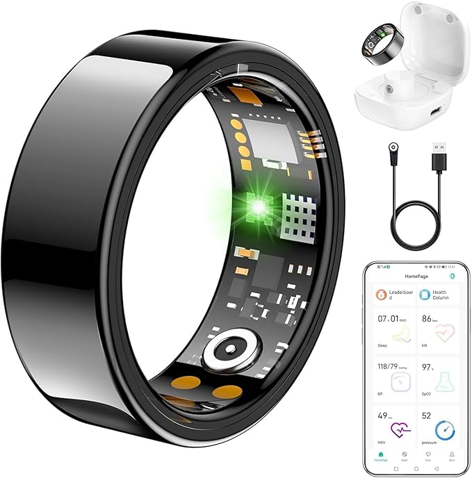 Ring Health Tracker for Women Men, Fitness Ring with Heart Rate,Blood Oxygen,Sleep Monitor,Calories, Step Counter, IP68 Waterproof Smart Ring for iPhone & Android, No Subscription Fee (Black, 13#)