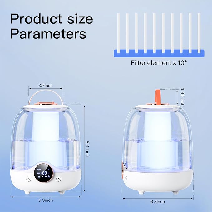Humidifiers for Bedroom, 3L Tank for 30H 20dB Quiet Mist Time, Dual Nozzles, LED Lights, Smart Timer (2/4/8 Hours), Auto Shut-Off, Perfect for Baby and Large Rooms (White)