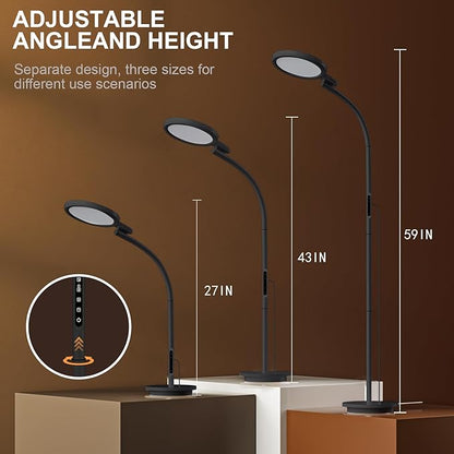 Light Therapy Lamp 10000 Lux UV-Free Sun Floor Lamp, 360° Gooseneck Happy Lamp with 5 Colors & 5 Brightness Levels & Remote Control + Touch Dual Control (Black)