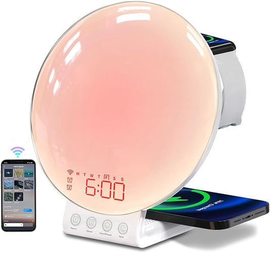 MOMILLA Sunrise Alarm Clock 3-in-1 Wireless Charging Station, App-Controlled Sound Machine White Noise, Sunrise Sunset Light, Bedside Wake-Up Lamp and Night Light for Heavy Sleepers