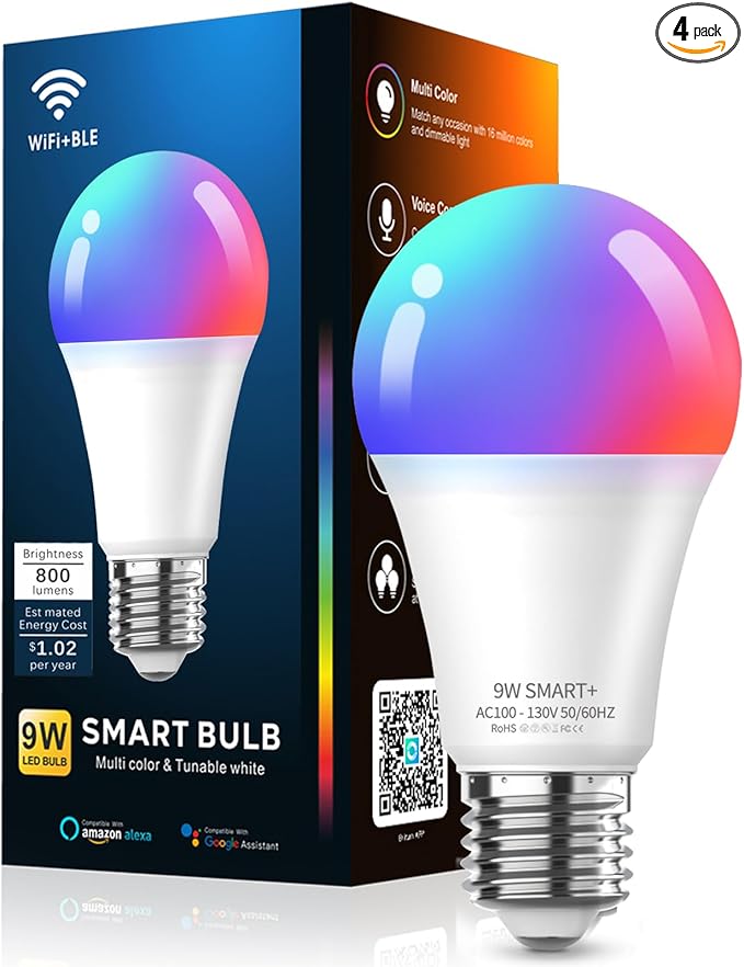 Meliya LED Smart Light Bulbs, Color Changing Dimmable & Timing Smart WiFi and Bluetooth Bulb, Compatible with Alexa and Google Assistant, RGBWW A19, 9W 800 Lumens, Music Sync, Voice Control (1 Pack)