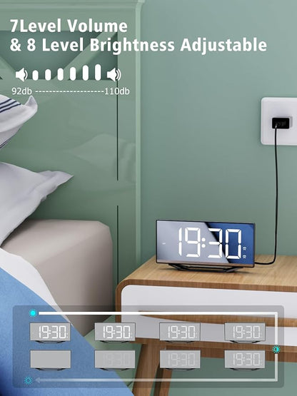 8.7” Mirror Digital Alarm Clock for Bedroom, LED Digital Clock Large Display with Battery Backup, 2 USB Charger Ports, Dual Alarms, 8 Dimmer & 7 Volume, Aesthetic Slim Clock for Desk Modern Decoration