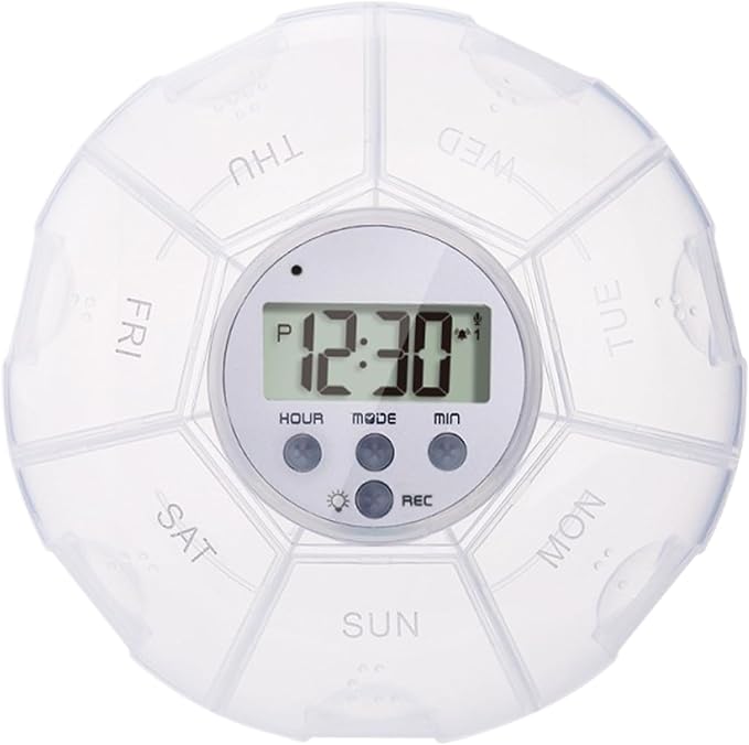 Electronic Pill Dispenser - Timer-Based Pill Reminder Organizer | Voice Recording Weekly Box, 7 Compartment for Supplements, Health Products, Senior Daily Tracking, Voice Recording Function