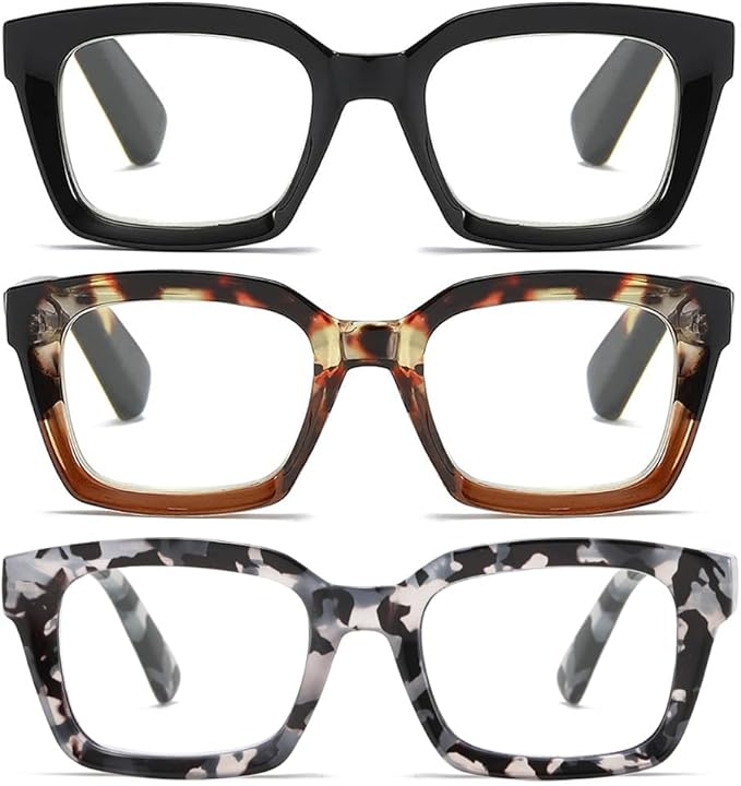 3 Pack Oversize Square Design Reading Glasses for Women, Blue Light Blocking Computer Reader+3.50