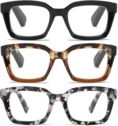 3 Pack Oversize Square Design Reading Glasses for Women, Blue Light Blocking Computer Reader+3.50