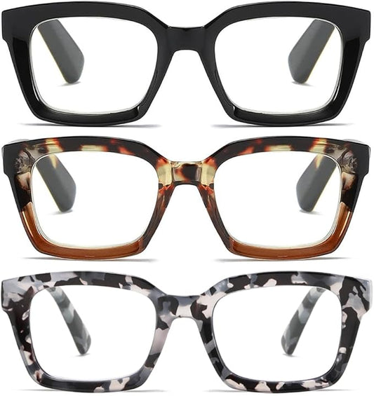 3 Pack Oversize Square Design Reading Glasses for Women, Blue Light Blocking Computer Reader+3.50