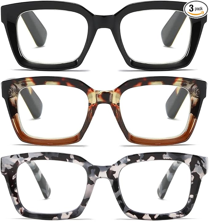 3 Pack Oversize Square Design Reading Glasses for Women, Readers for Women+2.00