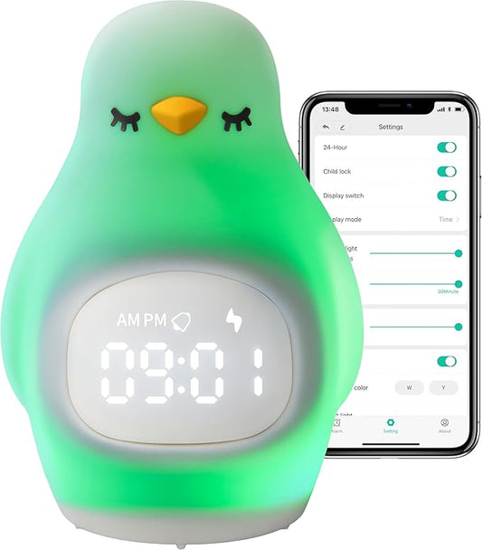 Kids Sleep Training Alarm Clock: App Control Night Light, Silicone, Sunrise Simulation, Rechargeable, Toddler Wake-Up Clock, Cute Penguin