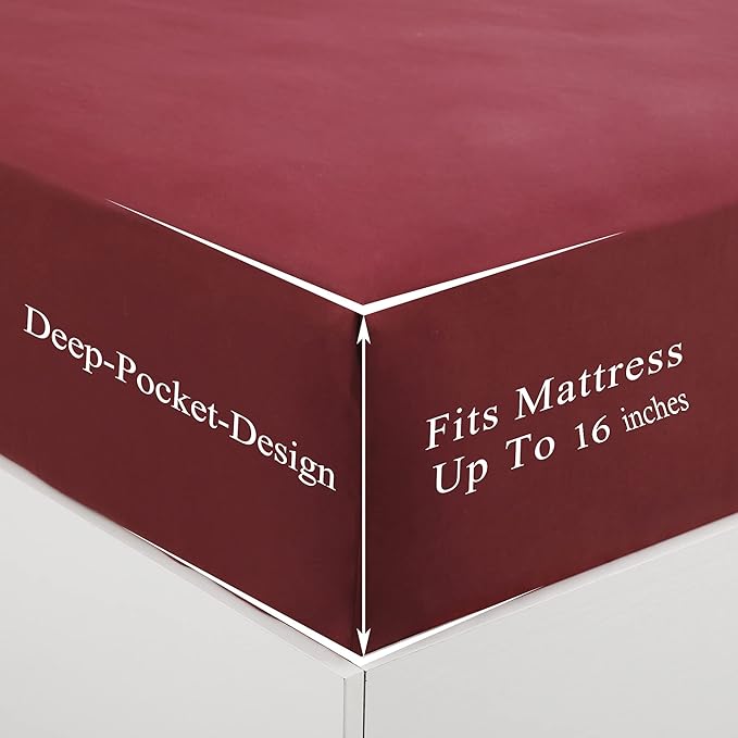 4 Piece Bed Sheet Set (Queen,Burgundy) 1 Flat Sheet,1 Fitted Sheet and 2 Pillow Cases,Brushed Microfiber Luxury Bedding with Deep Pockets