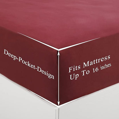 Bed Sheet Set- 3 Piece Bedding Sets(Twin,Burgundy) 1 Flat Sheet,1 Fitted Sheet and 1 Pillow Cases,100% Brushed Microfiber 1800 Luxury Bedding,Hypoallergenic,Soft & Fade Resistant