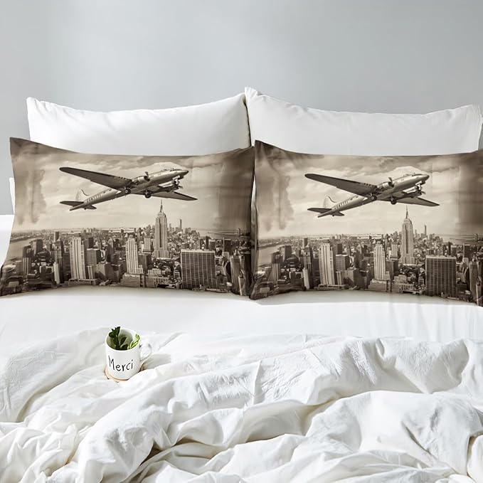Airplane Kids Fitted Sheet Queen Size,High Building Modern Fashion Bedding Set,Boys Girls Room Decor,3D Flying Aviation Aircraft Bed Cover,Brown Retro Bed Sheet,2 Pillowcases