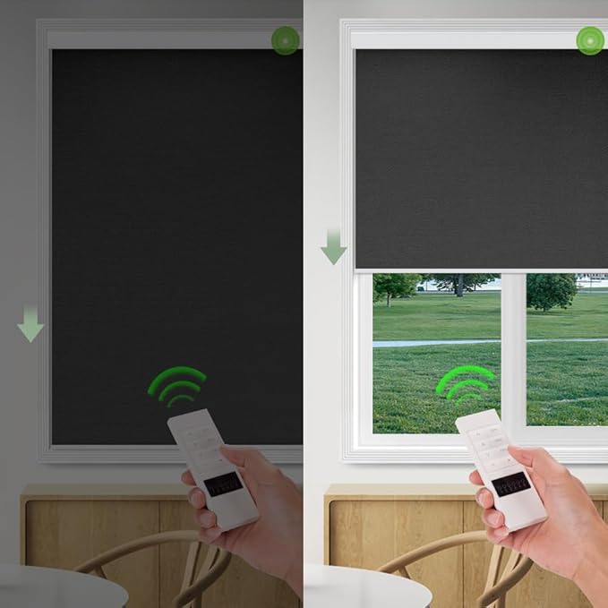 ZSHINE Motorized Blackout Window Blinds Over-Size Customize Width (21-114 Inches) Remote Control Wireless and Rechargeable Motor Roller Shades Blinds for Windows(Black)