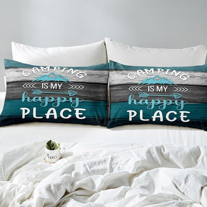 Manfei Happy Camping Kids Sheet Set King Size, Blue Grey Black Wooden Plank Bedding Set for Boys Teens Room Decor, Rustic Farmhouse Bed Sheet Set 4pcs (Fitted Sheet, Flat Sheet, 2 Pillowcases)