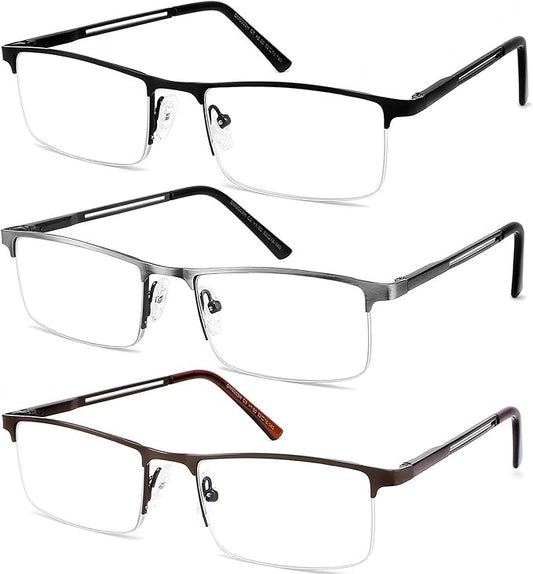 JJWELL 3 Pack Reading Glasses for Men Blue Light Blocking, Lightweight Metal Rectangle Semi Rimless Readers for Men, Anti Eyestrain/UV, Half Frame Spring Hinge Eyeglasses with Pouches 125
