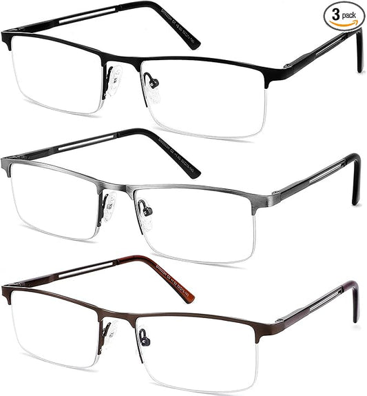 JJWELL 3 Pack Reading Glasses for Men Blue Light Blocking, Lightweight Metal Rectangle Semi Rimless Readers for Men, Anti Eyestrain/UV, Half Frame Spring Hinge Eyeglasses with Pouches 175