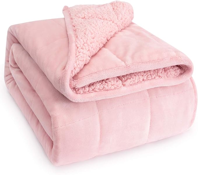 Wemore Sherpa Fleece Weighted Blanket for Adult, 15 lbs Dual Sided Cozy Fluffy Heavy Blanket, Ultra Fuzzy Throw Blanket with Soft Plush Flannel Top, 80 x 87 inches, Pink on Both Sides