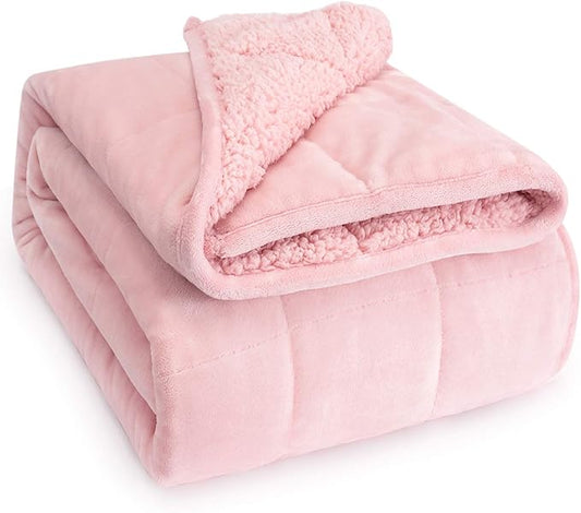 Wemore Sherpa Fleece Weighted Blanket for Adult, 15 lbs Dual Sided Cozy Fluffy Heavy Blanket, Ultra Fuzzy Throw Blanket with Soft Plush Flannel Top, 80 x 87 inches, Pink on Both Sides