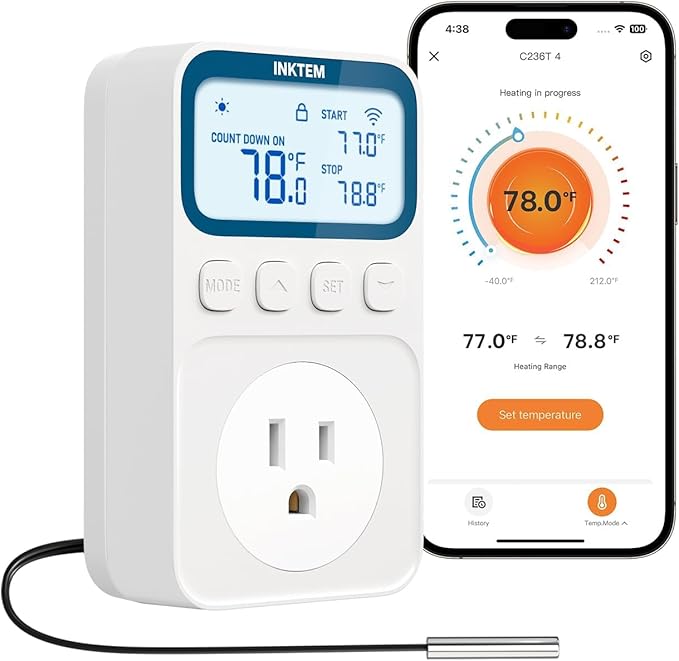 WiFi Temperature Controlled Outlet, Plug in Thermostat Outlet for Space Heater, Duration Timer & Smart Memory Digital Temp Controller, -40℉~212℉, IP67 Waterproof Probe for Incubator, Reptile