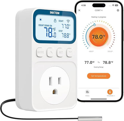 WiFi Temperature Controlled Outlet, Plug in Thermostat Outlet for Space Heater, Duration Timer & Smart Memory Digital Temp Controller, -40℉~212℉, IP67 Waterproof Probe for Incubator, Reptile