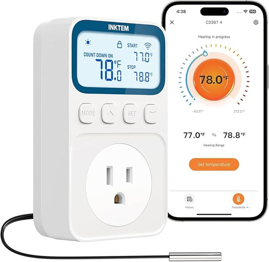 WiFi Temperature Controlled Outlet, Plug in Thermostat Outlet for Space Heater, Duration Timer & Smart Memory Digital Temp Controller, -40℉~212℉, IP67 Waterproof Probe for Incubator, Reptile