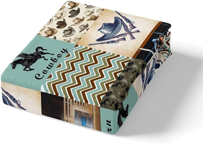 Western Cowboy Bedding Set Twin Size Retro Tribal Cowboy Hats Boots Horseshoe Bed Set for Teens Kids Sheet Rustic Farm Green Brown Plaids Patchwork Bed Cover(1 Fitted Sheet+1 Pillow Case)