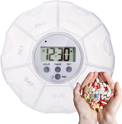 Pill Storage Case with Timer - Smart Medication Organizer Box with 7 Compartments, Alarm Reminder | Recording Feature, LED Light, Portable Pill Dispenser for Health Products, Daily Supplemen