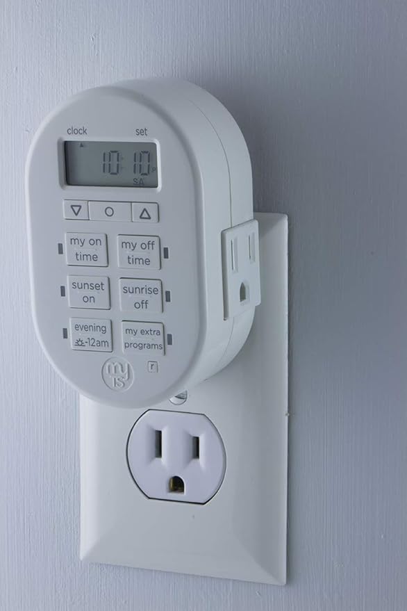 myTouchSmart Simple Set 7-Day Digital Timer, 1 Grounded Outlet Timer, Sunrise-Sunset Indoor Timer Outlet, Programmable ON/OFF Plug Timer, 125V Light Timer, Lamp Timer, Seasonal Lights, White, 33860