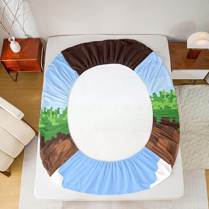 Pixel Game Kids Full Size Fitted Sheet,Video Games Clouds Blue Sky Boys Girls Bed Sheets,Geometric Lattice Gamepad Room Decor,Blue Brown Bedding Set,2 Pillowcases(No Flat)