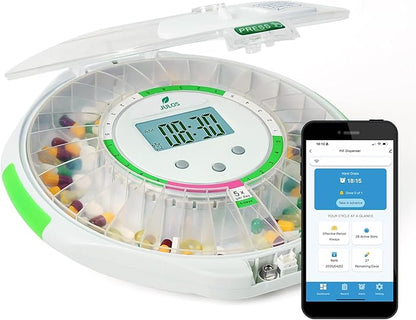 JULOS Bluetooth 28-Day Automatic Pill Dispenser with Lock, Medication Organizer up to 9 Alarms/Day, Sound & Light Alarms, Ezi-Read LCD & App Alert for Prescriptions, Vitamins, Clear Lid