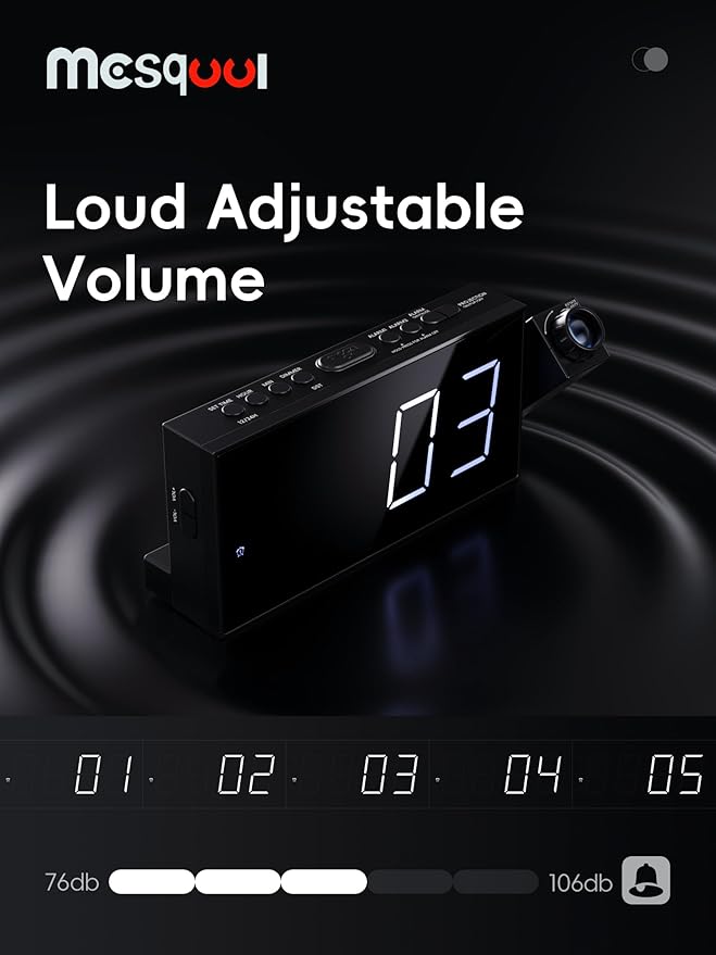 Projection Digital Alarm Clock with Bed Shaker for Bedroom, Extra Loud Alarm Clock for Heavy Sleeper, 180° Rotable Ceiling Projector Clock,2 Alarm,5 Dimmer Volume,USB Charger, Battery Backup,12/24H…