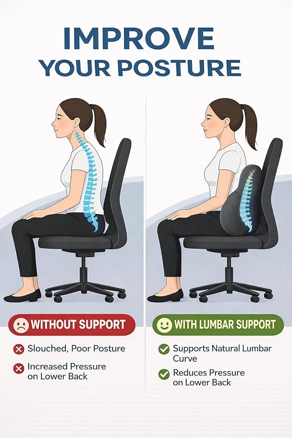 Luxury Lumbar Support Pillow for Office Chair & Car Seat – High-Density Memory Foam Ergonomic Back Support Cushion – Adjustable Strap, Removable Washable Cover – Includes Bonus Massage Roller
