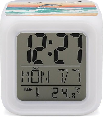 Ocean Waves Sunrise Digital Alarm Clock Color Change LED Digitals Clock with Battery Operated Modern Smart Alarm Clocks Wake Up Digital Clocks with 7 Color Nightlight for Bedroom