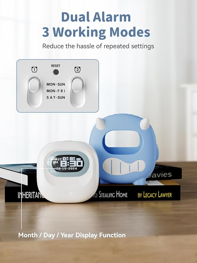Kids Digital Alarm Clock-Cordless 3000mAh Rechargeable Vibrating Digital Clock for Heavy Sleepers Mini Toddler Clock for Travel Bedroom Silicone Case Date/Month/Year 3 Alarm/Vibration Setting Mode